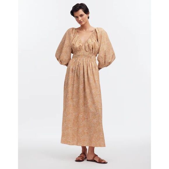 Madewell V-Neck Balloon-Sleeve Maxi Dress size 8 Spiral Dot Khaki Tan Cream - Picture 1 of 12